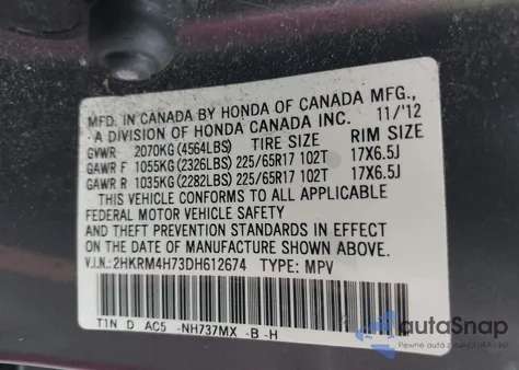 2013 Honda Cr-V Ex-L z USA, uszkodzony, nr VIN 2HKRM4H73DH612674